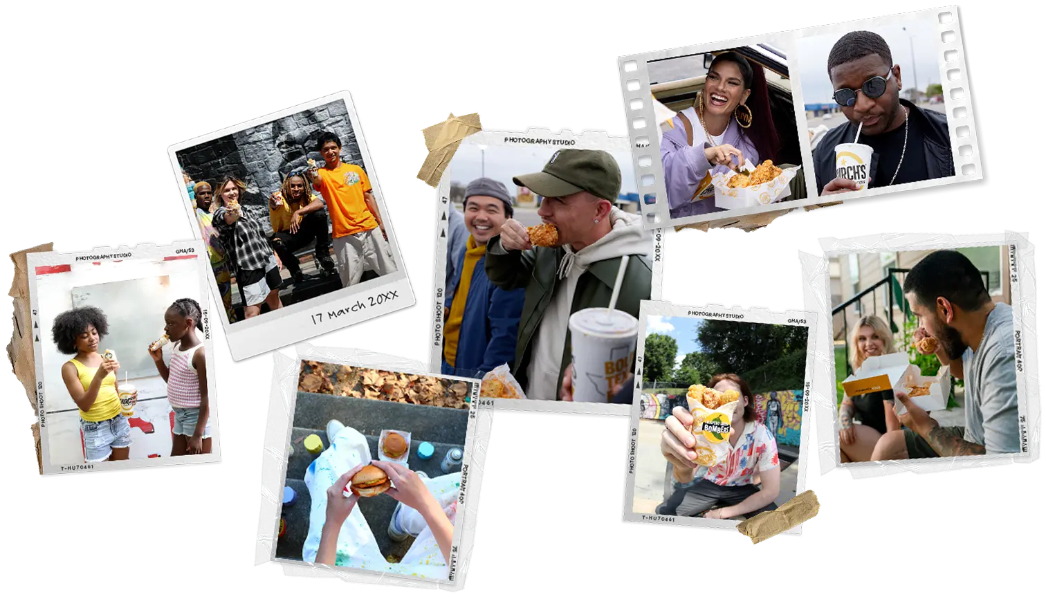 Collage-style layout of diverse people enjoying Church’s Texas Chicken—holding drinks, sandwiches, and chicken outdoors and indoors.