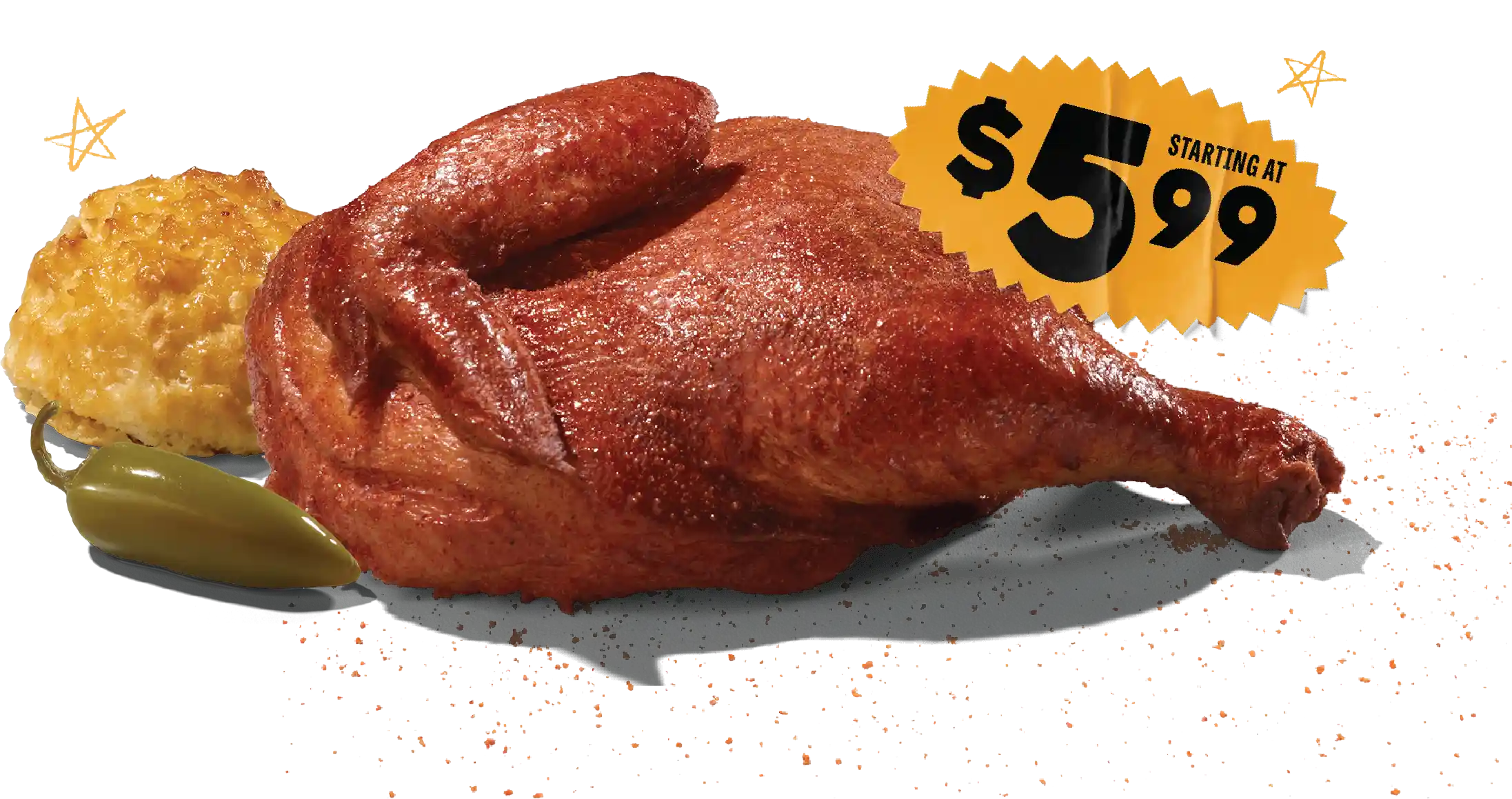 Smokehouse Chicken with biscuit and jalapeño, starting at $5.99